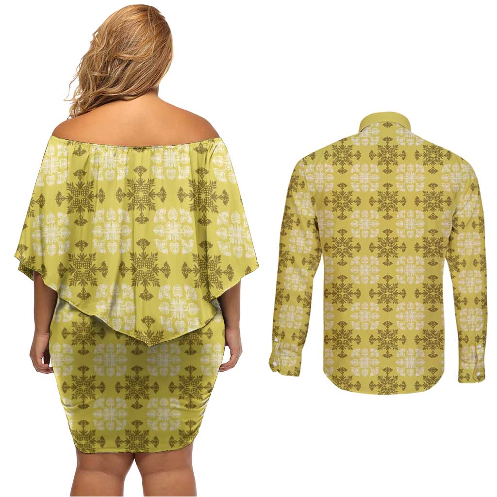Yellow Hawaiian Quilt Couples Matching Off Shoulder Short Dress and Long Sleeve Button Shirt Hawaii Pineapple Monstera Palaka Motifs LT14 - Polynesian Pride