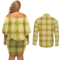 Yellow Hawaiian Quilt Couples Matching Off Shoulder Short Dress and Long Sleeve Button Shirt Hawaii Pineapple Monstera Palaka Motifs LT14 - Polynesian Pride