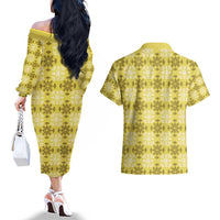 Yellow Hawaiian Quilt Couples Matching Off The Shoulder Long Sleeve Dress and Hawaiian Shirt Hawaii Pineapple Monstera Palaka Motifs LT14 - Polynesian Pride