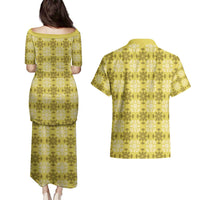 Yellow Hawaiian Quilt Couples Matching Puletasi and Hawaiian Shirt Hawaii Pineapple Monstera Palaka Motifs LT14 - Polynesian Pride