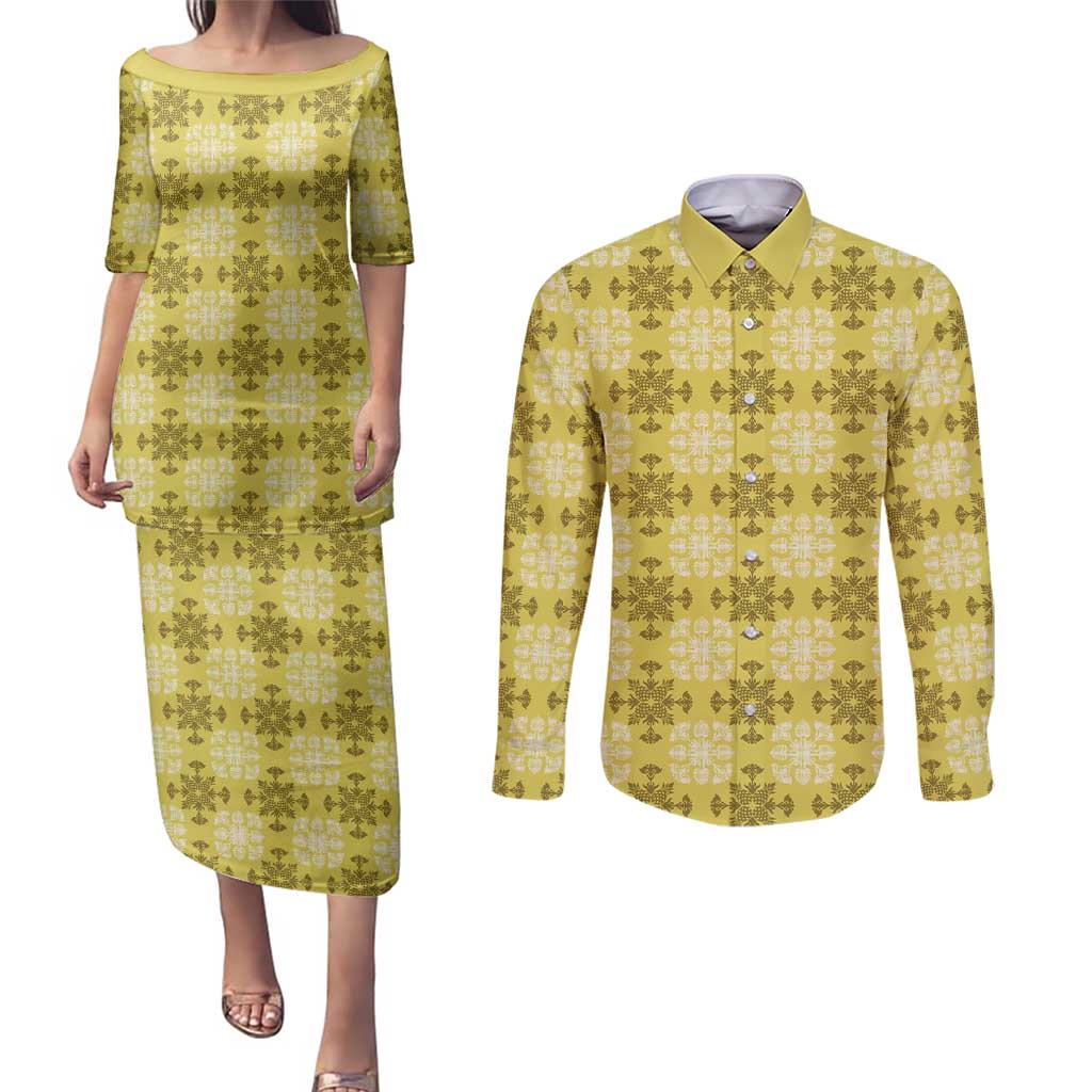 Yellow Hawaiian Quilt Couples Matching Puletasi and Long Sleeve Button Shirt Hawaii Pineapple Monstera Palaka Motifs LT14 Yellow - Polynesian Pride