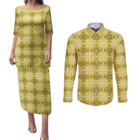 Yellow Hawaiian Quilt Couples Matching Puletasi and Long Sleeve Button Shirt Hawaii Pineapple Monstera Palaka Motifs LT14 Yellow - Polynesian Pride