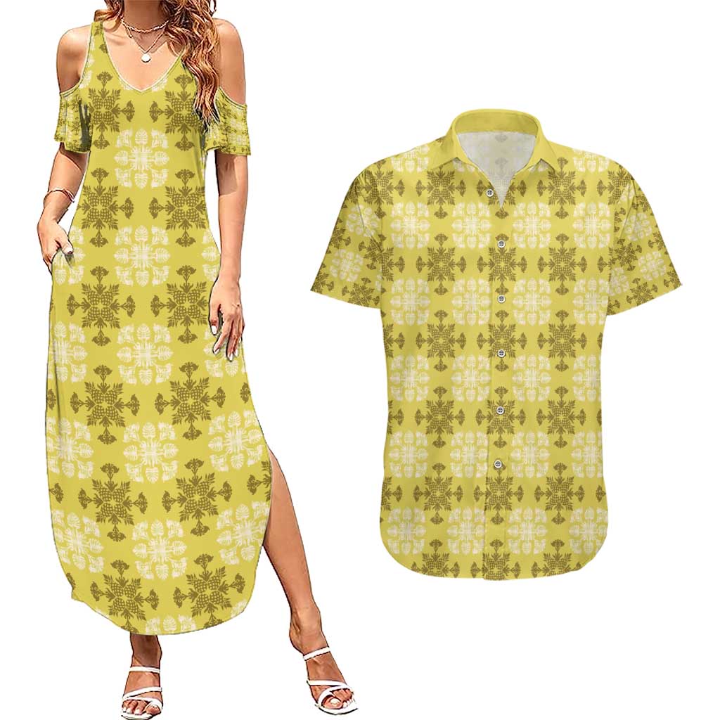 Yellow Hawaiian Quilt Couples Matching Summer Maxi Dress and Hawaiian Shirt Hawaii Pineapple Monstera Palaka Motifs - Polynesian Pride