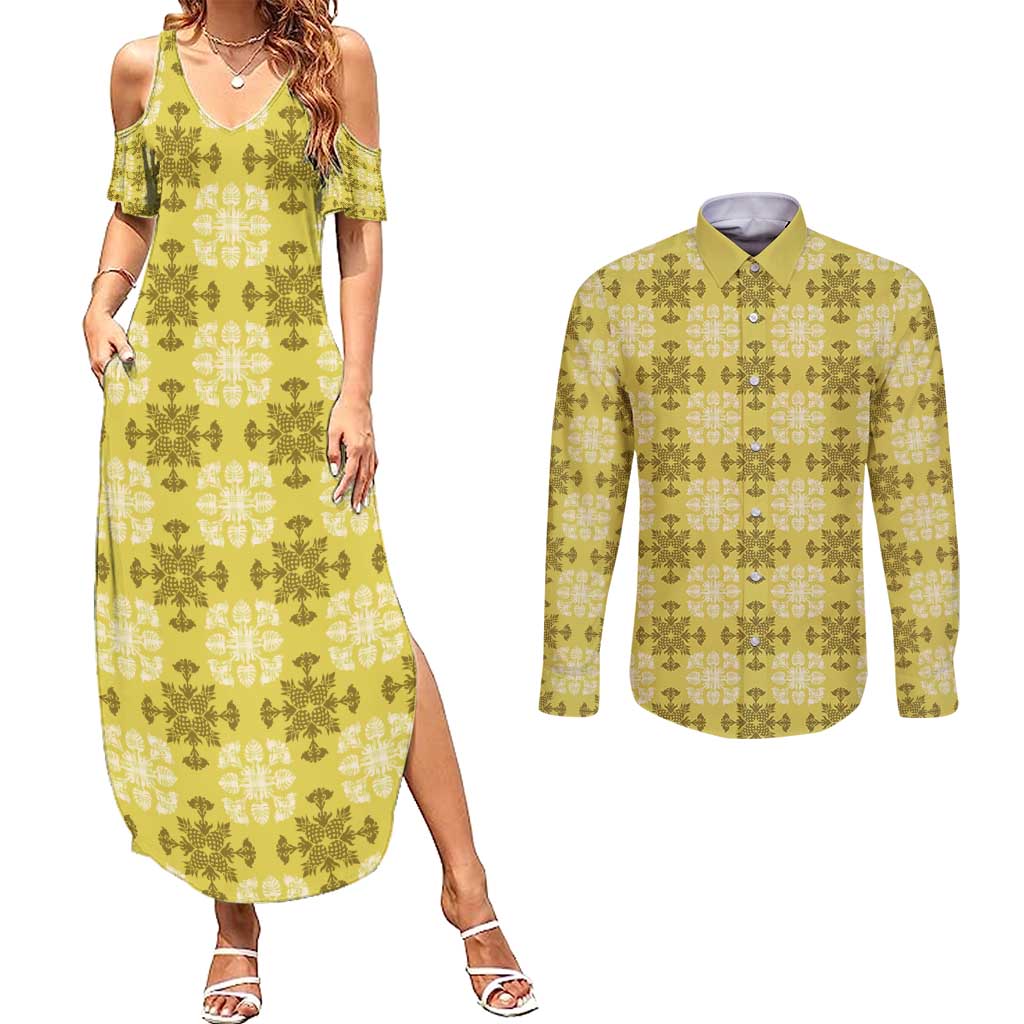 Yellow Hawaiian Quilt Couples Matching Summer Maxi Dress and Long Sleeve Button Shirt Hawaii Pineapple Monstera Palaka Motifs LT14 Yellow - Polynesian Pride