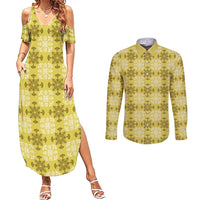 Yellow Hawaiian Quilt Couples Matching Summer Maxi Dress and Long Sleeve Button Shirt Hawaii Pineapple Monstera Palaka Motifs LT14 Yellow - Polynesian Pride