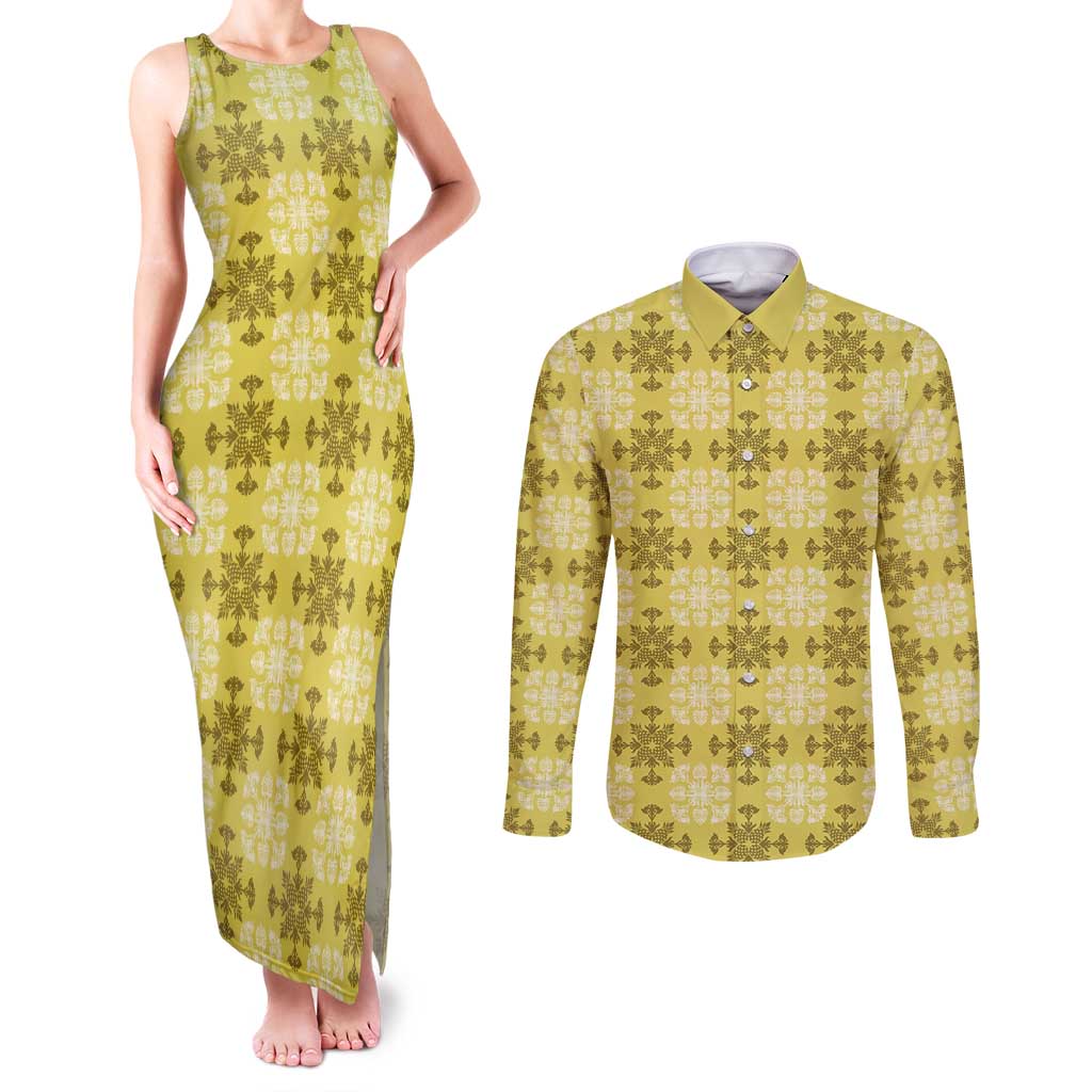 Yellow Hawaiian Quilt Couples Matching Tank Maxi Dress and Long Sleeve Button Shirt Hawaii Pineapple Monstera Palaka Motifs LT14 Yellow - Polynesian Pride