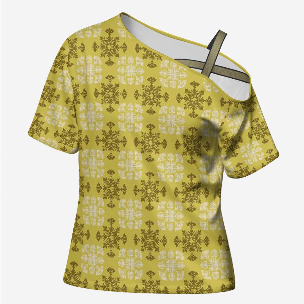 Yellow Hawaiian Quilt Cross Shoulder Shirt Hawaii Pineapple Monstera Palaka Motifs - Polynesian Pride