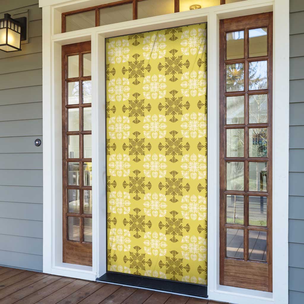 Yellow Hawaiian Quilt Door Cover Hawaii Pineapple Monstera Palaka Motifs - Polynesian Pride