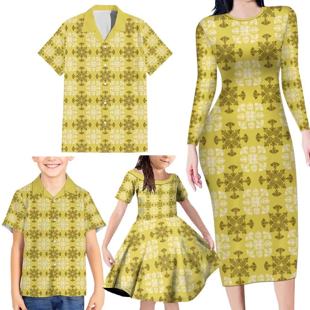 Yellow Hawaiian Quilt Family Matching Long Sleeve Bodycon Dress and Hawaiian Shirt Hawaii Pineapple Monstera Palaka Motifs LT14 - Polynesian Pride