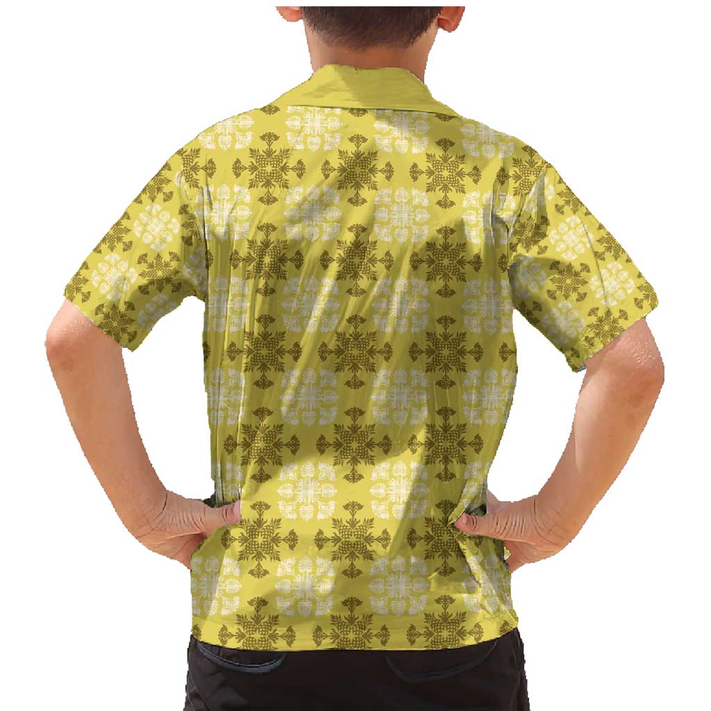 Yellow Hawaiian Quilt Family Matching Mermaid Dress and Hawaiian Shirt Hawaii Pineapple Monstera Palaka Motifs LT14 - Polynesian Pride