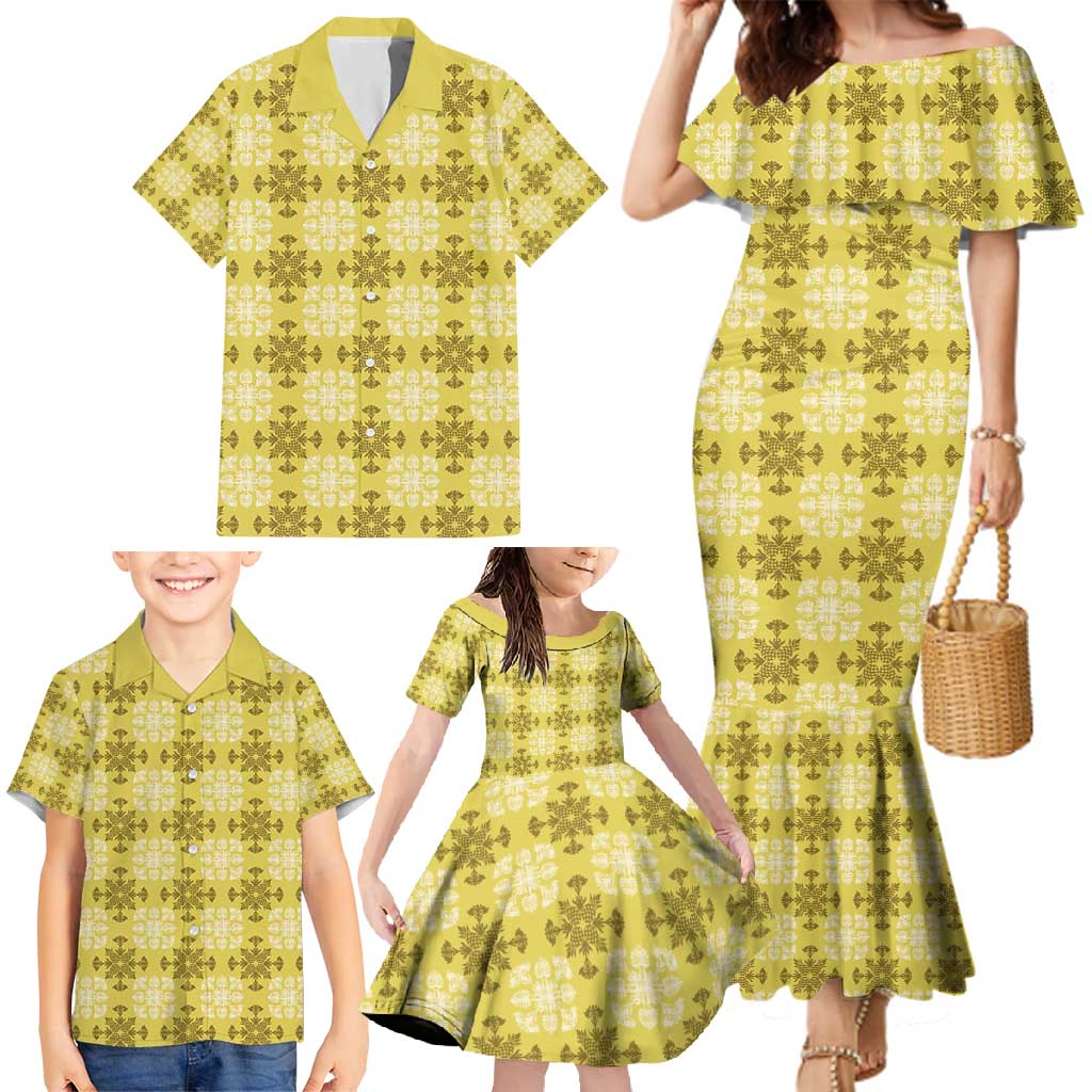 Yellow Hawaiian Quilt Family Matching Mermaid Dress and Hawaiian Shirt Hawaii Pineapple Monstera Palaka Motifs LT14 - Polynesian Pride