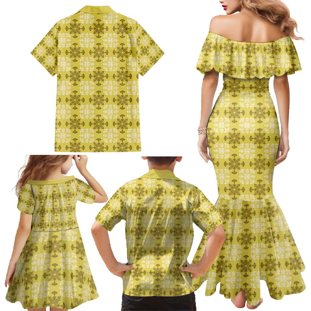Yellow Hawaiian Quilt Family Matching Mermaid Dress and Hawaiian Shirt Hawaii Pineapple Monstera Palaka Motifs LT14 - Polynesian Pride