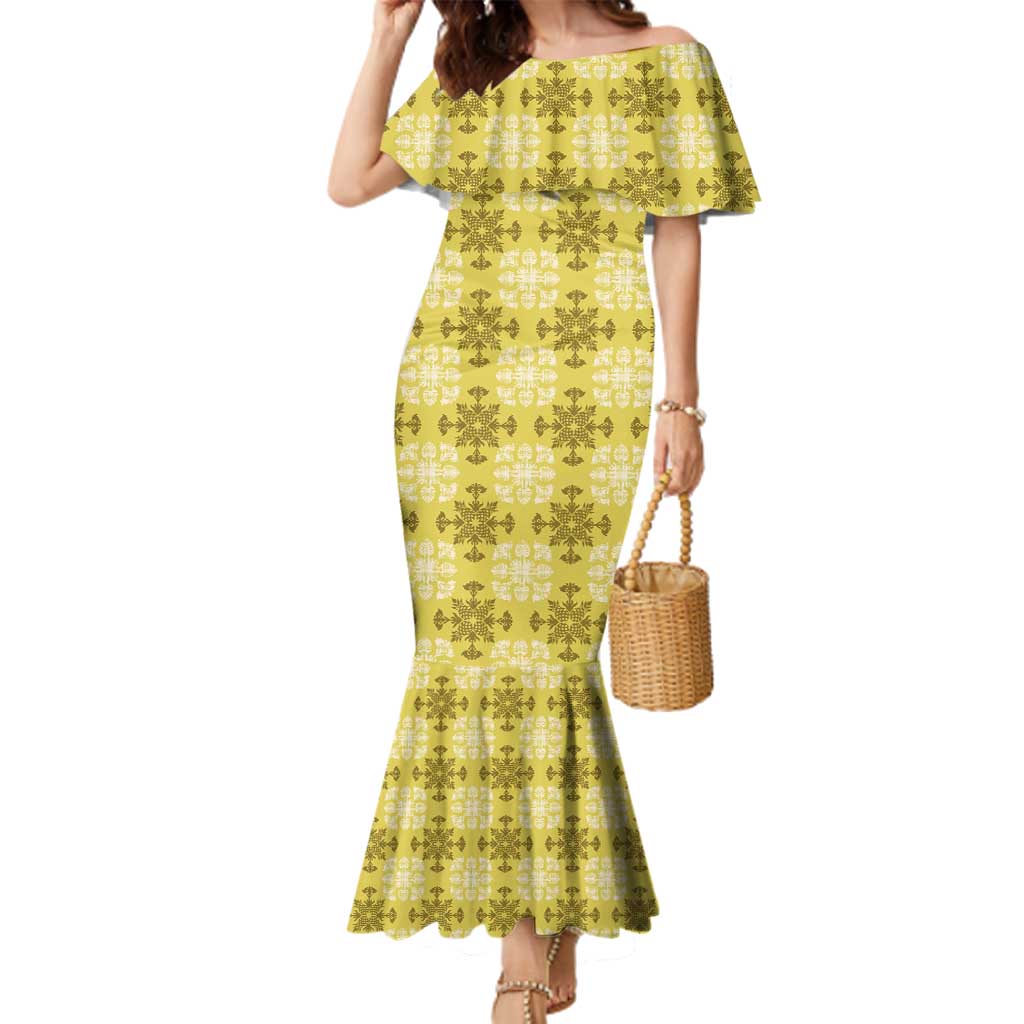 Yellow Hawaiian Quilt Family Matching Mermaid Dress and Hawaiian Shirt Hawaii Pineapple Monstera Palaka Motifs LT14 Mom's Dress Yellow - Polynesian Pride