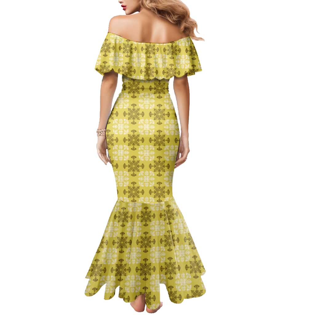 Yellow Hawaiian Quilt Family Matching Mermaid Dress and Hawaiian Shirt Hawaii Pineapple Monstera Palaka Motifs LT14 - Polynesian Pride