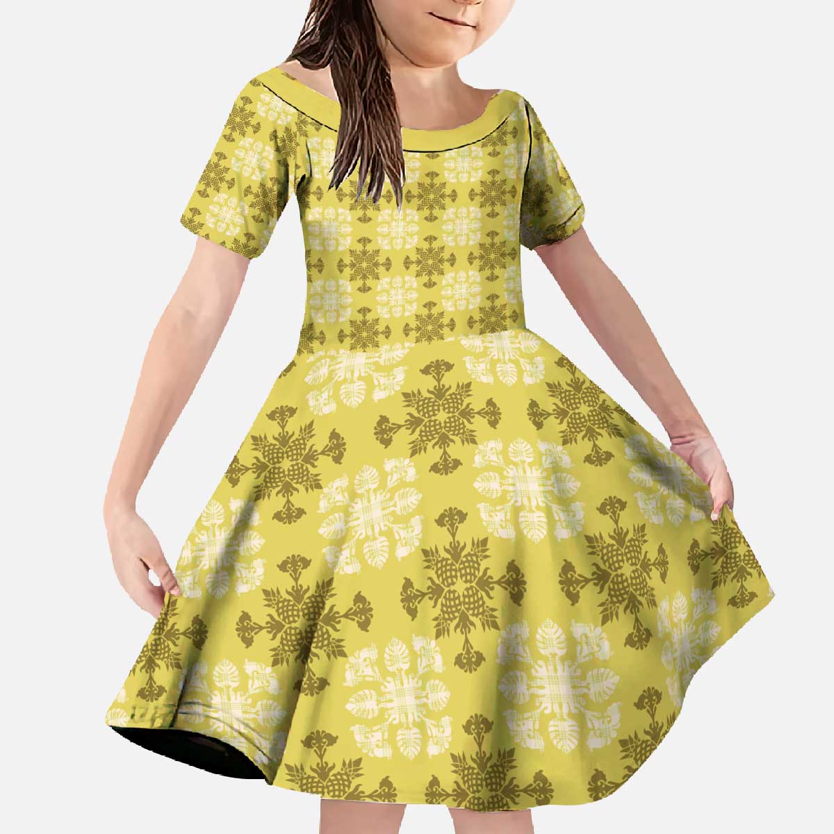 Yellow Hawaiian Quilt Family Matching Off The Shoulder Long Sleeve Dress and Hawaiian Shirt Hawaii Pineapple Monstera Palaka Motifs LT14 Daughter's Dress Yellow - Polynesian Pride