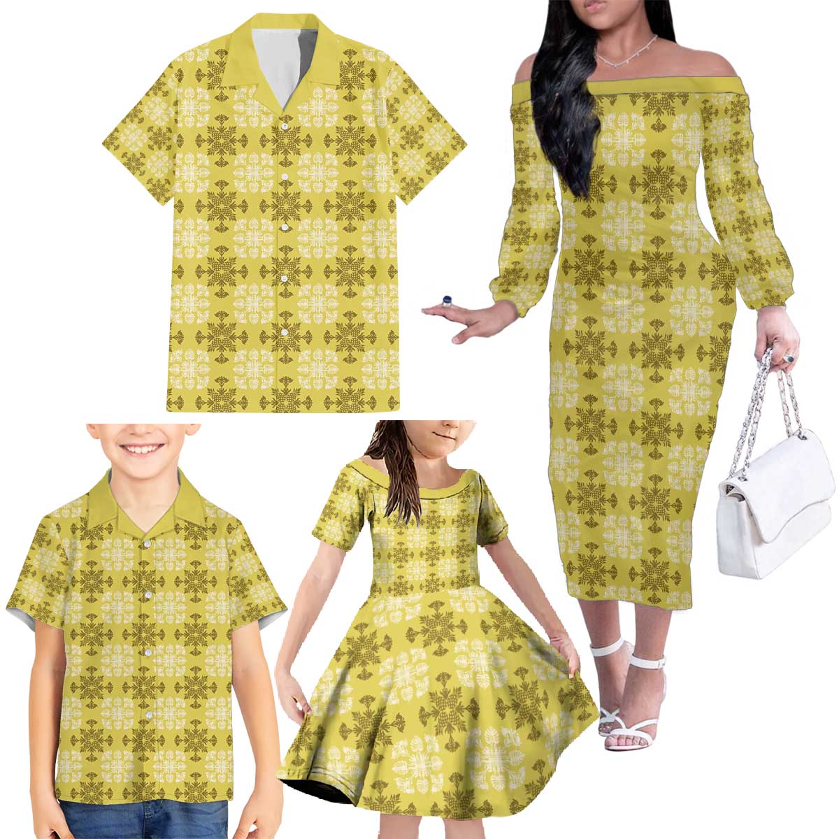 Yellow Hawaiian Quilt Family Matching Off The Shoulder Long Sleeve Dress and Hawaiian Shirt Hawaii Pineapple Monstera Palaka Motifs LT14 - Polynesian Pride