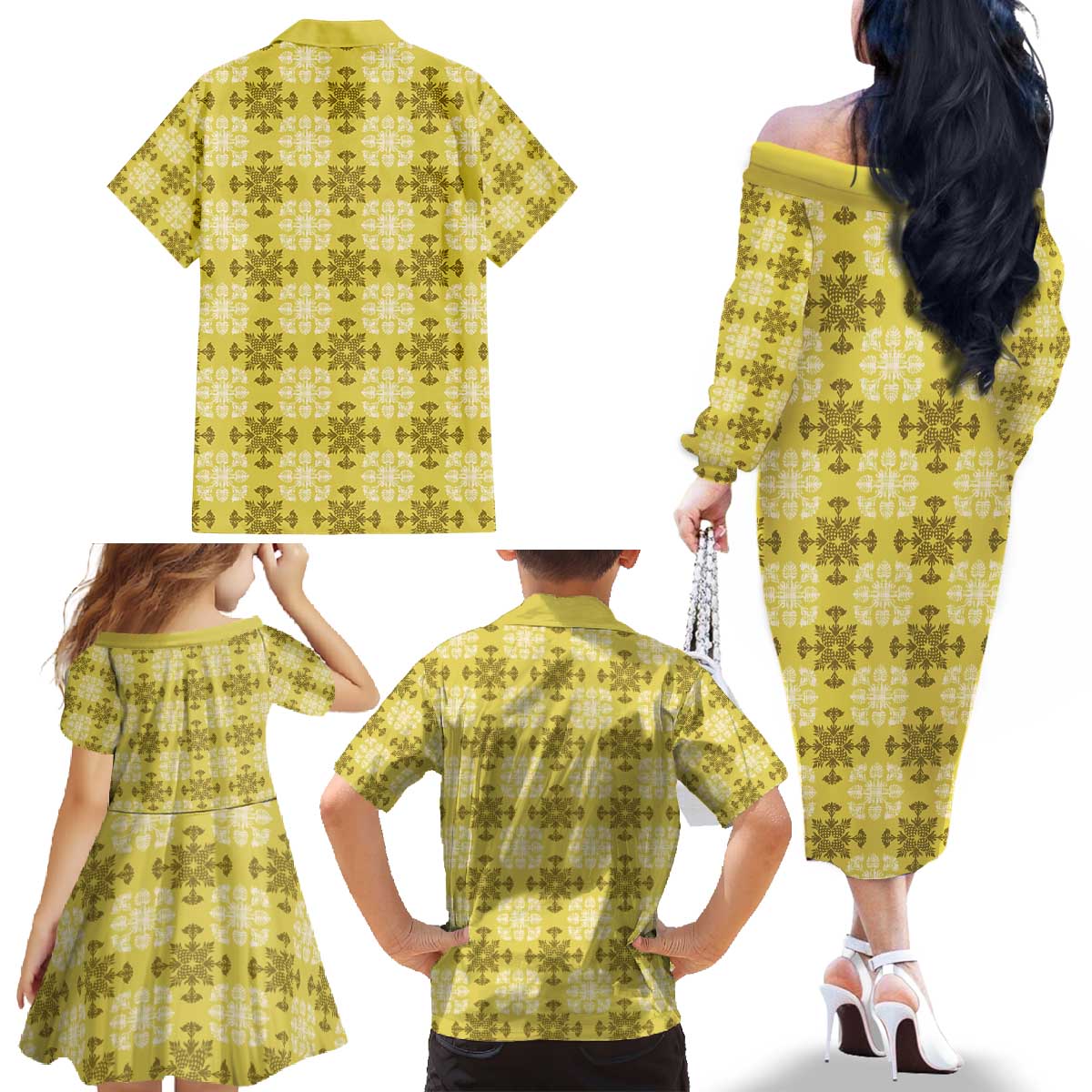 Yellow Hawaiian Quilt Family Matching Off The Shoulder Long Sleeve Dress and Hawaiian Shirt Hawaii Pineapple Monstera Palaka Motifs LT14 - Polynesian Pride