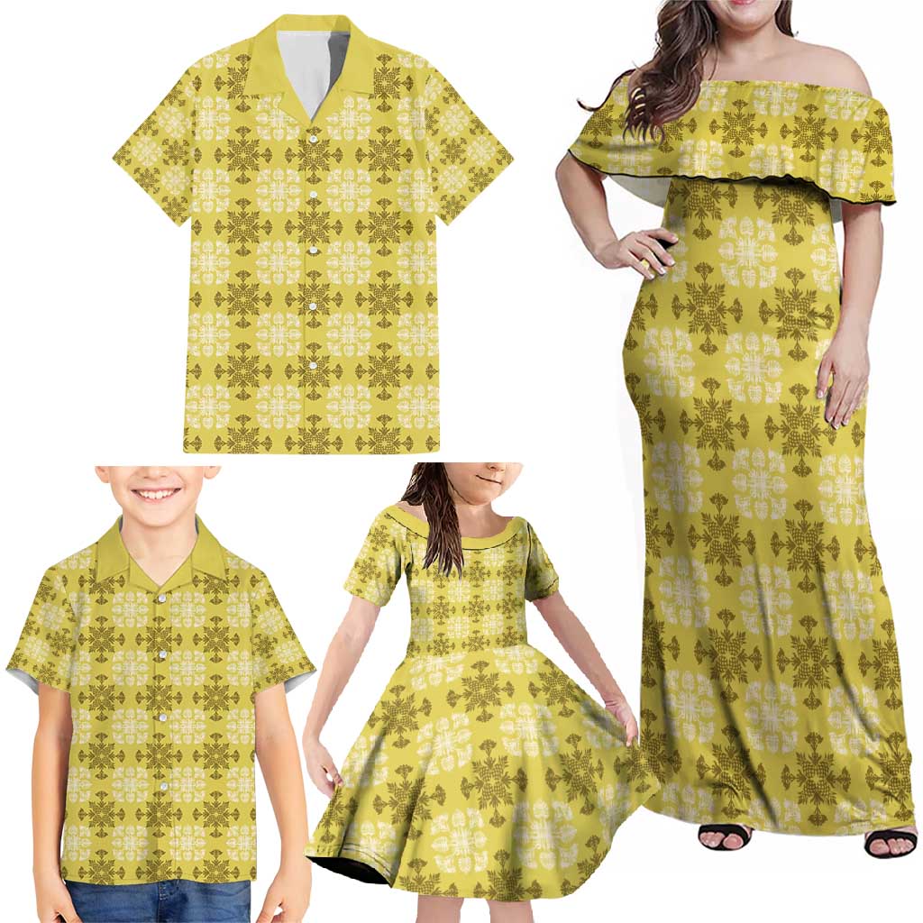 Yellow Hawaiian Quilt Family Matching Off Shoulder Maxi Dress and Hawaiian Shirt Hawaii Pineapple Monstera Palaka Motifs LT14 - Polynesian Pride