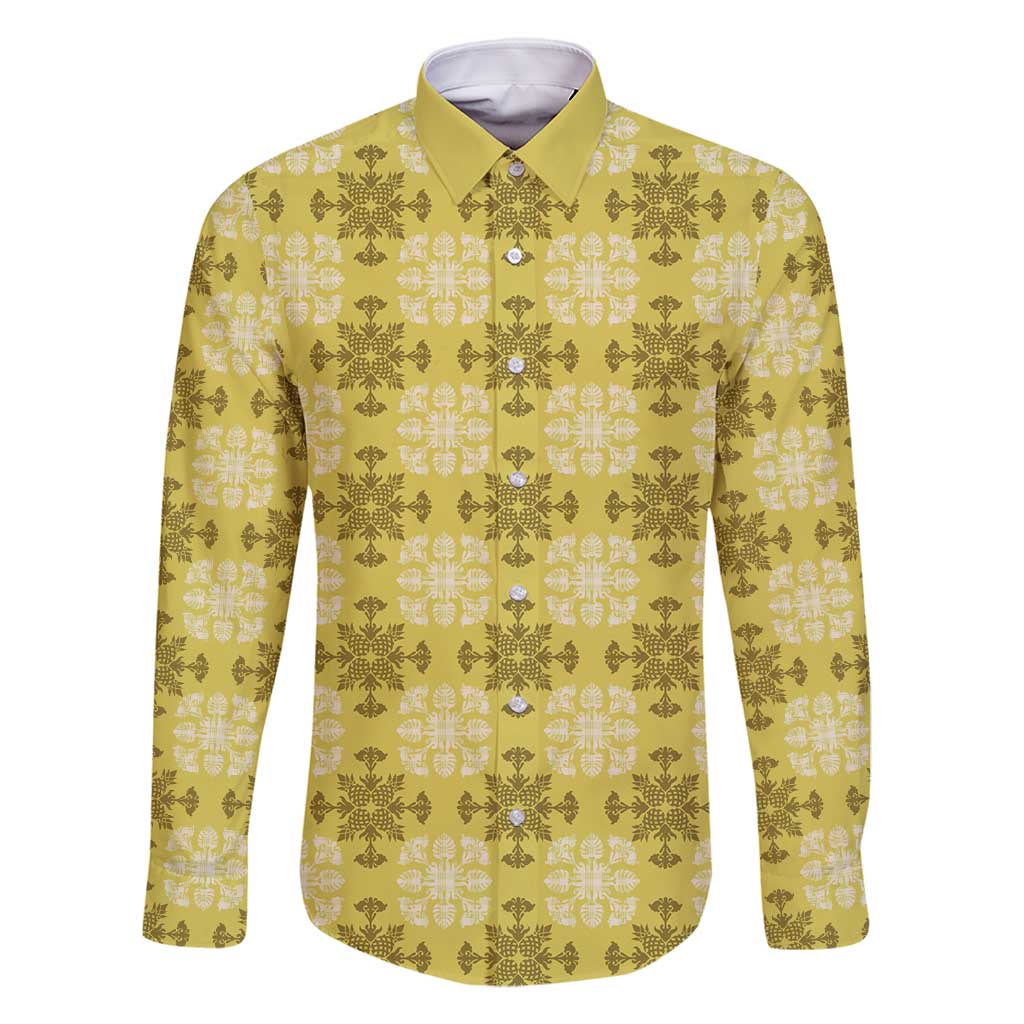 Yellow Hawaiian Quilt Family Matching Off Shoulder Maxi Dress and Hawaiian Shirt Hawaii Pineapple Monstera Palaka Motifs LT14 Dad's Shirt - Long Sleeve Yellow - Polynesian Pride