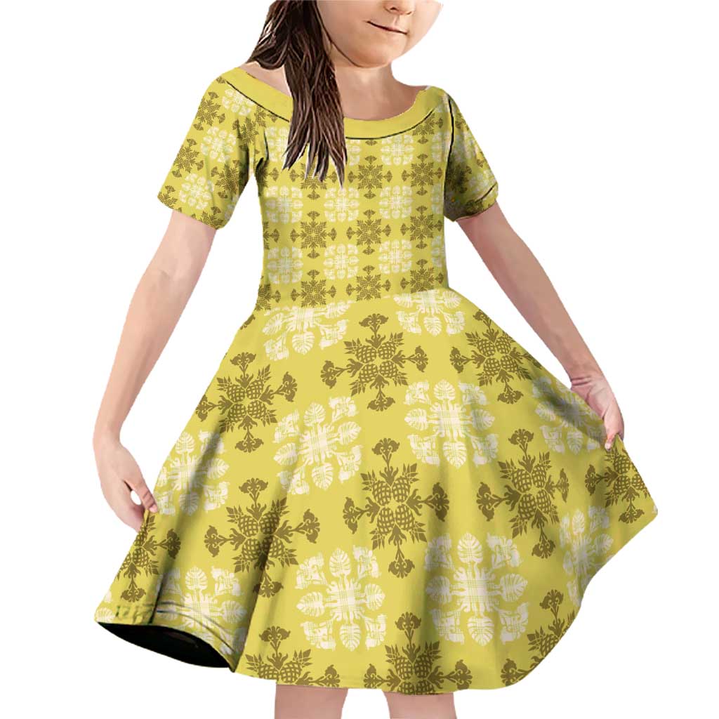 Yellow Hawaiian Quilt Family Matching Off Shoulder Short Dress and Hawaiian Shirt Hawaii Pineapple Monstera Palaka Motifs LT14 Daughter's Dress Yellow - Polynesian Pride