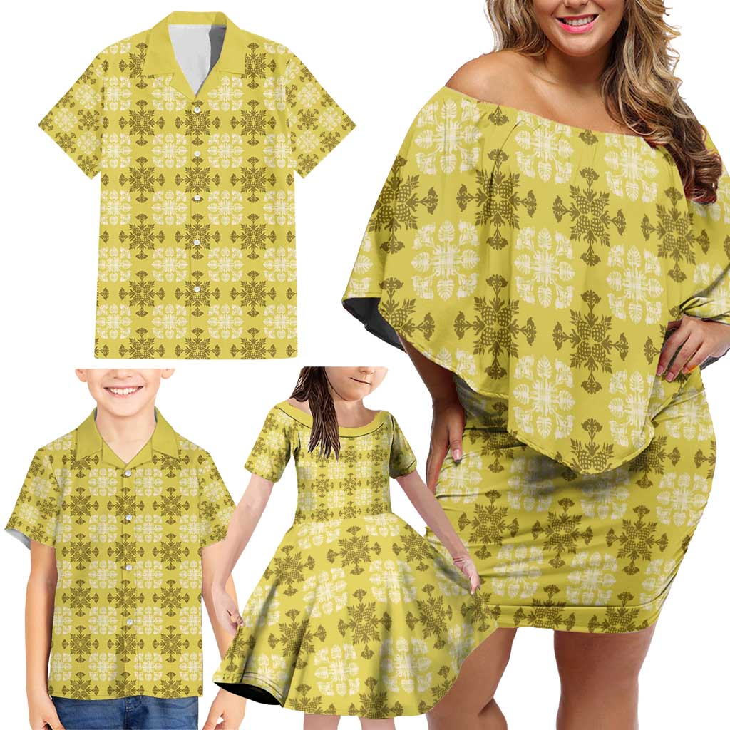 Yellow Hawaiian Quilt Family Matching Off Shoulder Short Dress and Hawaiian Shirt Hawaii Pineapple Monstera Palaka Motifs LT14 - Polynesian Pride