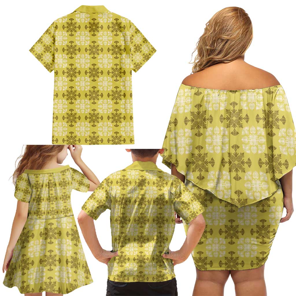 Yellow Hawaiian Quilt Family Matching Off Shoulder Short Dress and Hawaiian Shirt Hawaii Pineapple Monstera Palaka Motifs LT14 - Polynesian Pride