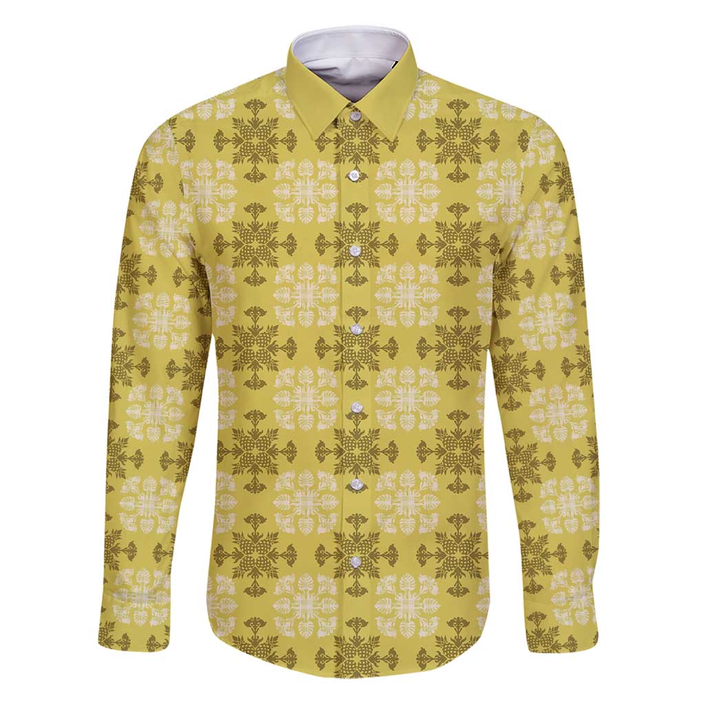 Yellow Hawaiian Quilt Family Matching Puletasi and Hawaiian Shirt Hawaii Pineapple Monstera Palaka Motifs LT14 Dad's Shirt - Long Sleeve Yellow - Polynesian Pride