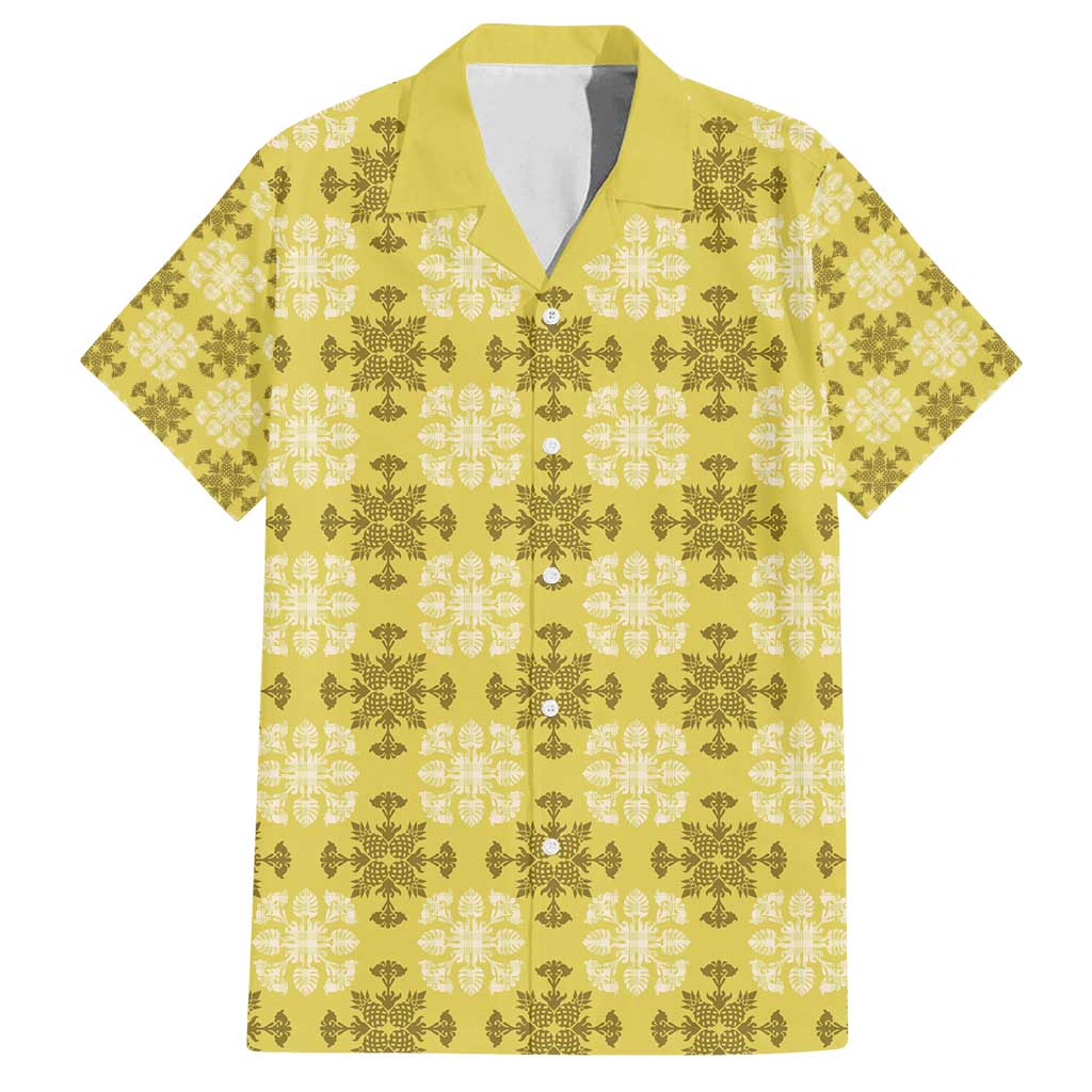 Yellow Hawaiian Quilt Family Matching Summer Maxi Dress and Hawaiian Shirt Hawaii Pineapple Monstera Palaka Motifs LT14 Dad's Shirt - Short Sleeve Yellow - Polynesian Pride