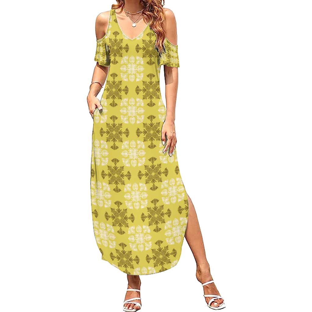 Yellow Hawaiian Quilt Family Matching Summer Maxi Dress and Hawaiian Shirt Hawaii Pineapple Monstera Palaka Motifs LT14 Mom's Dress Yellow - Polynesian Pride