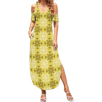 Yellow Hawaiian Quilt Family Matching Summer Maxi Dress and Hawaiian Shirt Hawaii Pineapple Monstera Palaka Motifs LT14 Mom's Dress Yellow - Polynesian Pride