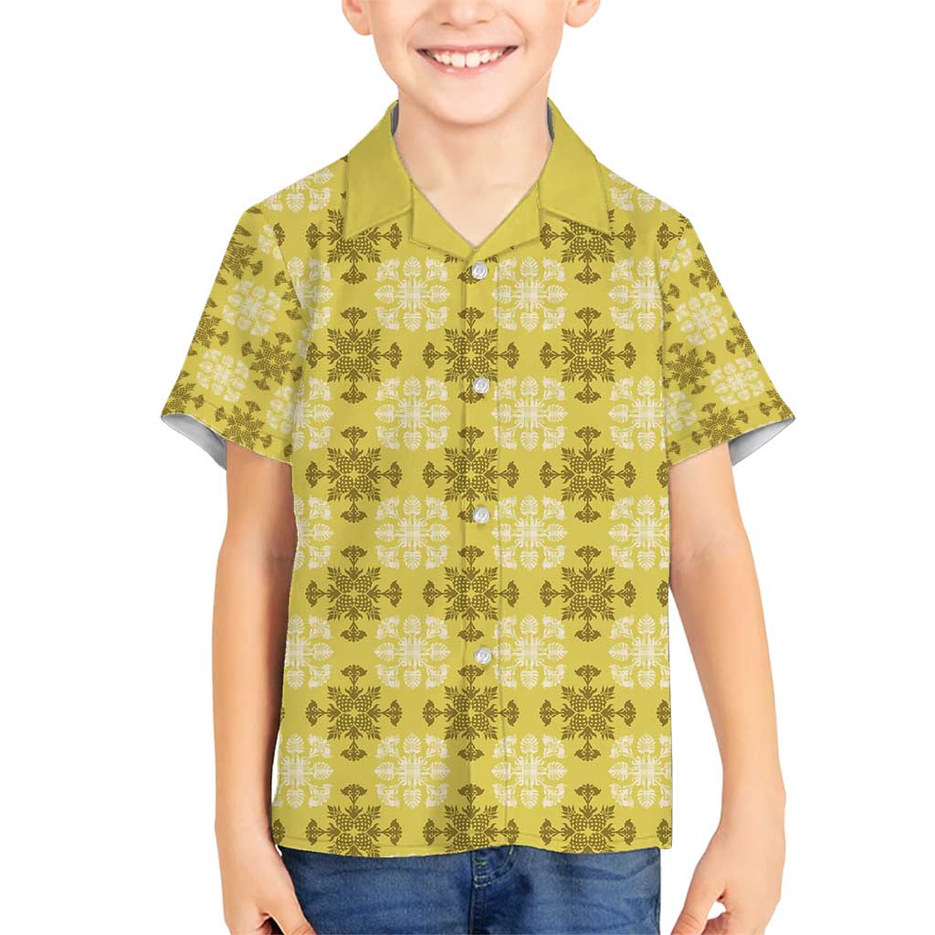 Yellow Hawaiian Quilt Family Matching Summer Maxi Dress and Hawaiian Shirt Hawaii Pineapple Monstera Palaka Motifs LT14 Son's Shirt Yellow - Polynesian Pride