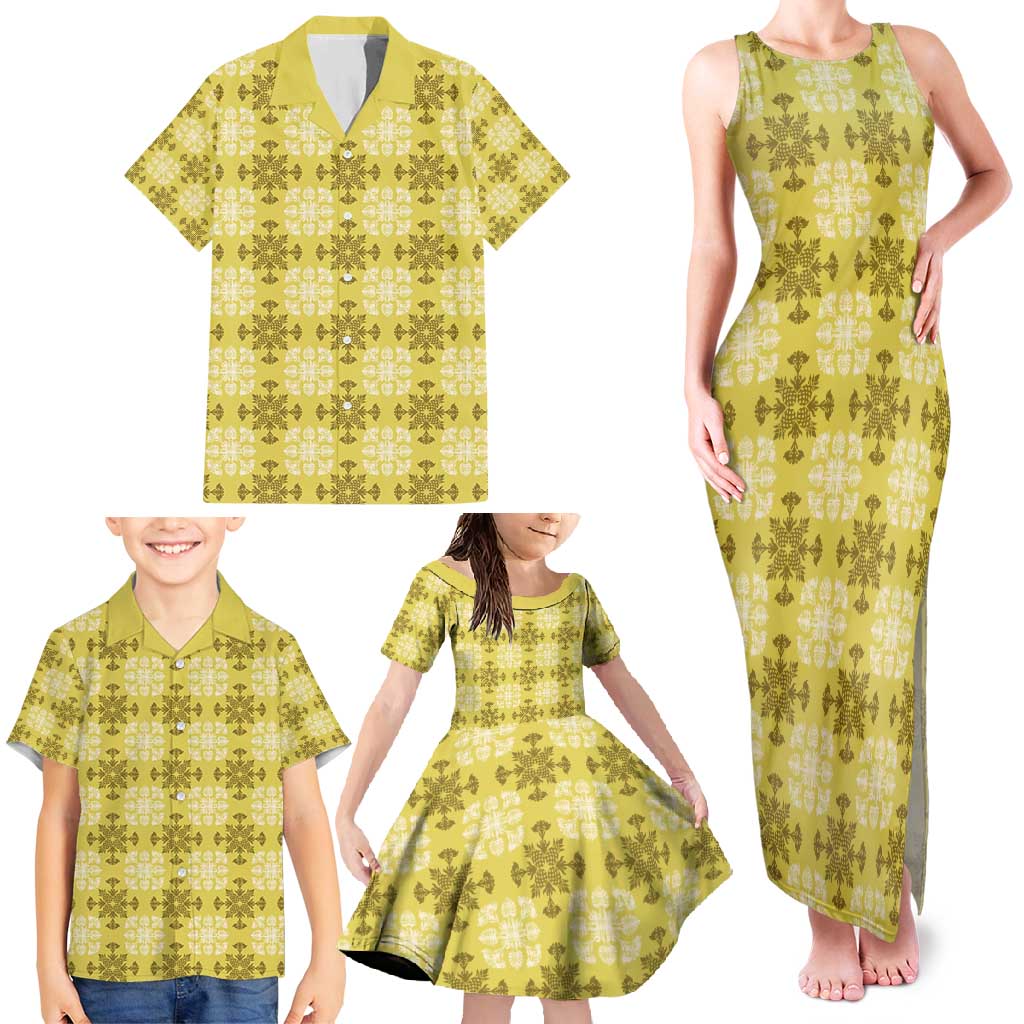 Yellow Hawaiian Quilt Family Matching Tank Maxi Dress and Hawaiian Shirt Hawaii Pineapple Monstera Palaka Motifs LT14 - Polynesian Pride