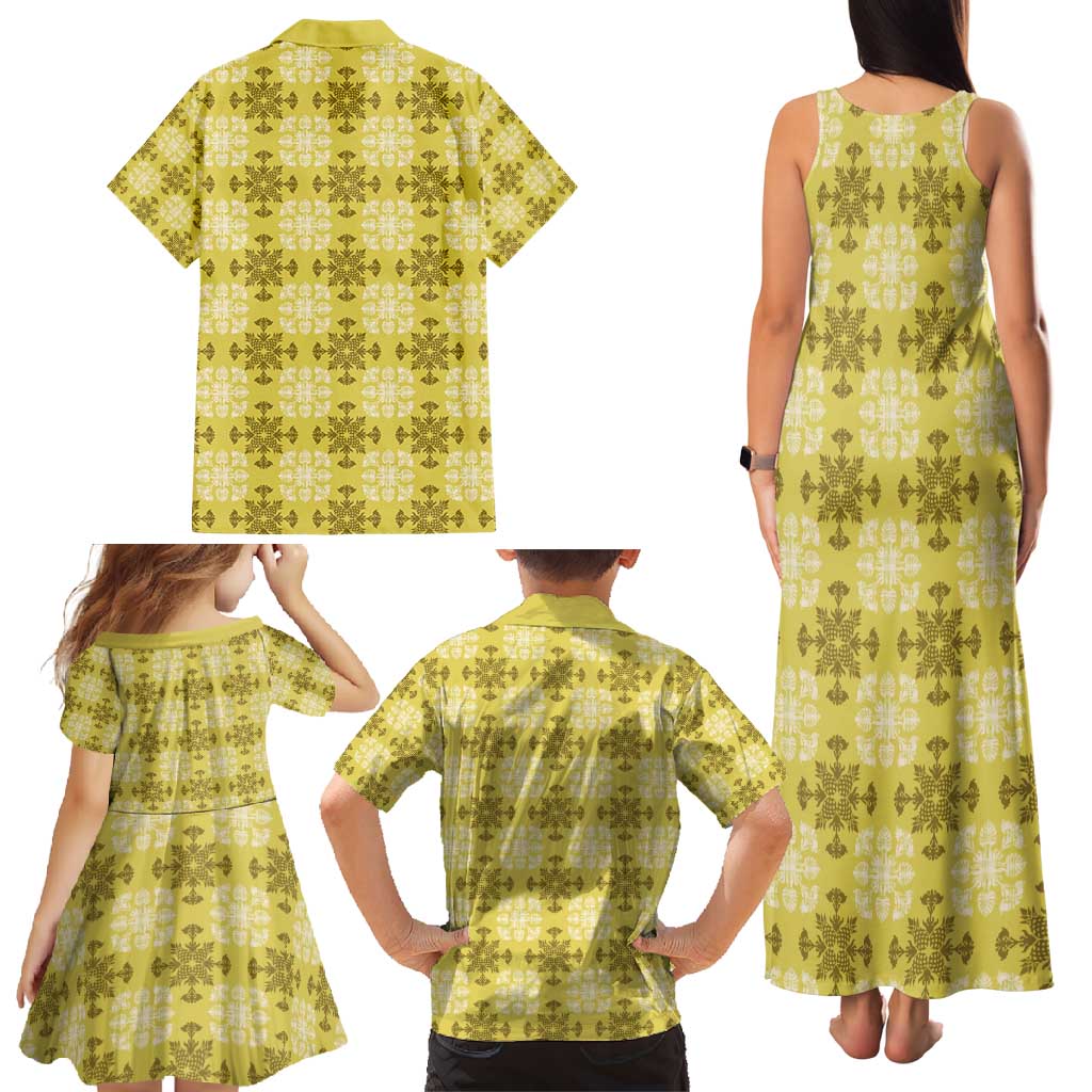 Yellow Hawaiian Quilt Family Matching Tank Maxi Dress and Hawaiian Shirt Hawaii Pineapple Monstera Palaka Motifs LT14 - Polynesian Pride