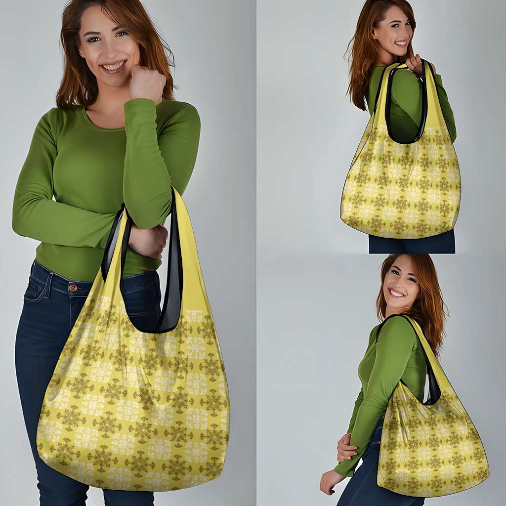 Yellow Hawaiian Quilt Grocery Bag Hawaii Pineapple Monstera Palaka Motifs - Polynesian Pride