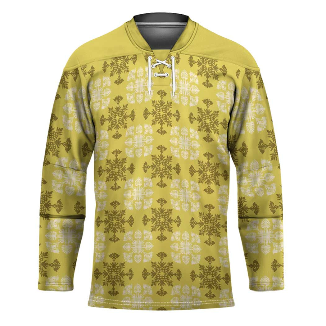 Yellow Hawaiian Quilt Hockey Jersey Hawaii Pineapple Monstera Palaka Motifs - Polynesian Pride