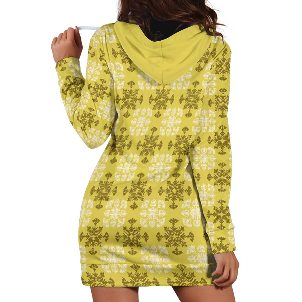 Yellow Hawaiian Quilt Hoodie Dress Hawaii Pineapple Monstera Palaka Motifs LT14 - Polynesian Pride
