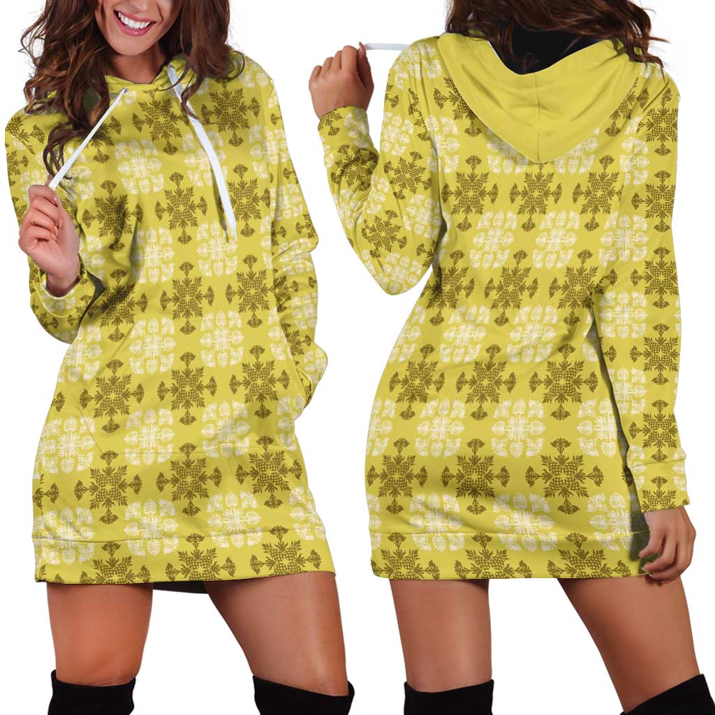 Yellow Hawaiian Quilt Hoodie Dress Hawaii Pineapple Monstera Palaka Motifs LT14 - Polynesian Pride