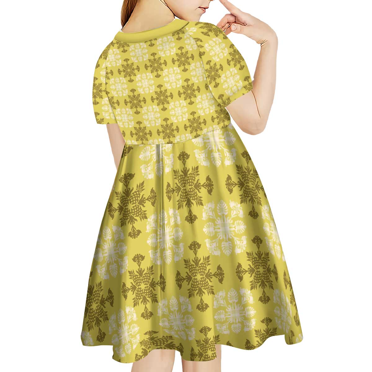 Yellow Hawaiian Quilt Kid Short Sleeve Dress Hawaii Pineapple Monstera Palaka Motifs LT14 - Polynesian Pride
