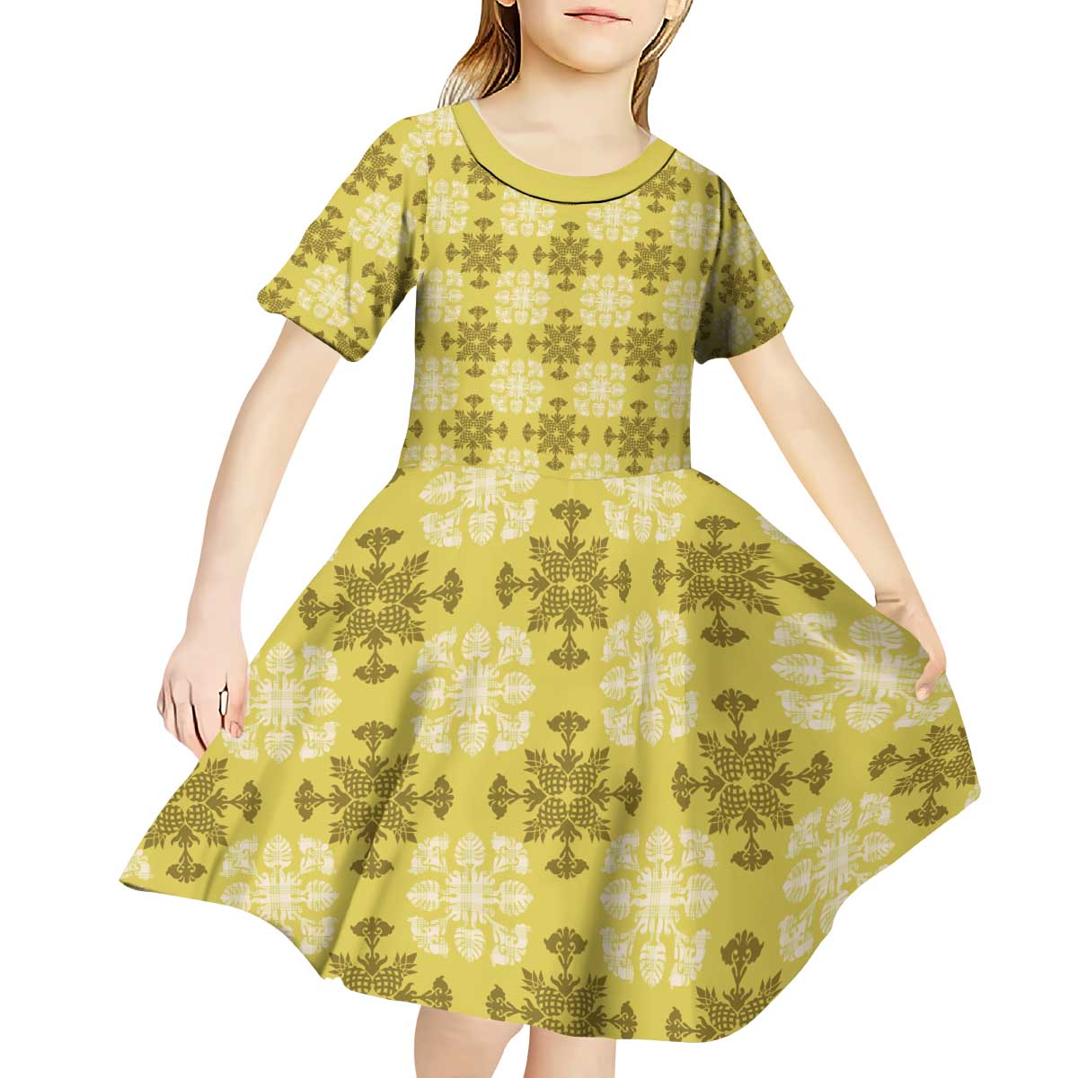 Yellow Hawaiian Quilt Kid Short Sleeve Dress Hawaii Pineapple Monstera Palaka Motifs LT14 - Polynesian Pride