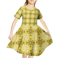 Yellow Hawaiian Quilt Kid Short Sleeve Dress Hawaii Pineapple Monstera Palaka Motifs LT14 - Polynesian Pride