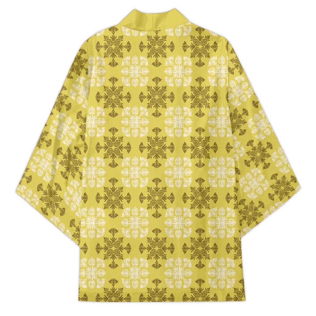 Yellow Hawaiian Quilt Kimono Hawaii Pineapple Monstera Palaka Motifs - Polynesian Pride