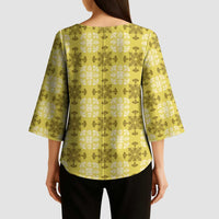 Yellow Hawaiian Quilt Kimono Sleeve Blouse Hawaii Pineapple Monstera Palaka Motifs - Polynesian Pride