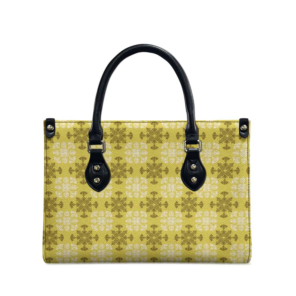 Yellow Hawaiian Quilt Leather Bag Hawaii Pineapple Monstera Palaka Motifs - Polynesian Pride