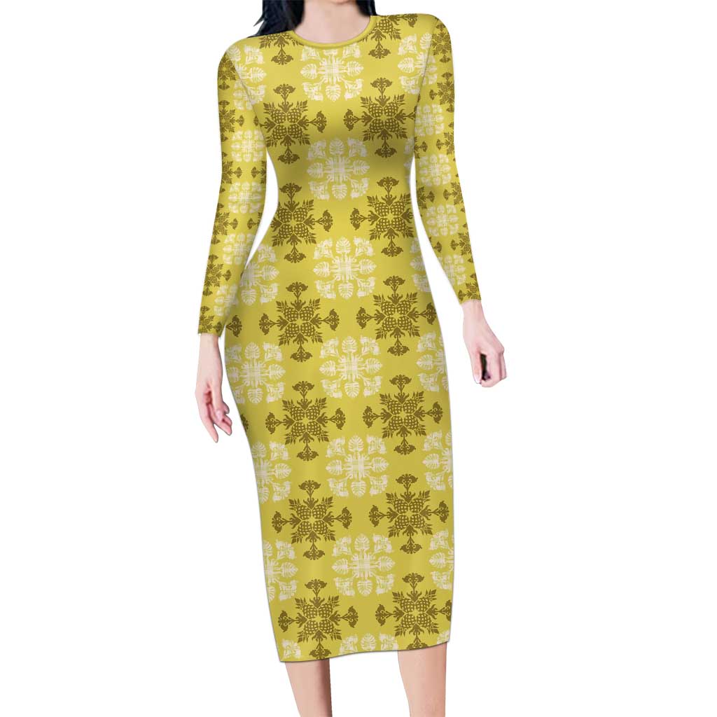 Yellow Hawaiian Quilt Long Sleeve Bodycon Dress Hawaii Pineapple Monstera Palaka Motifs - Polynesian Pride