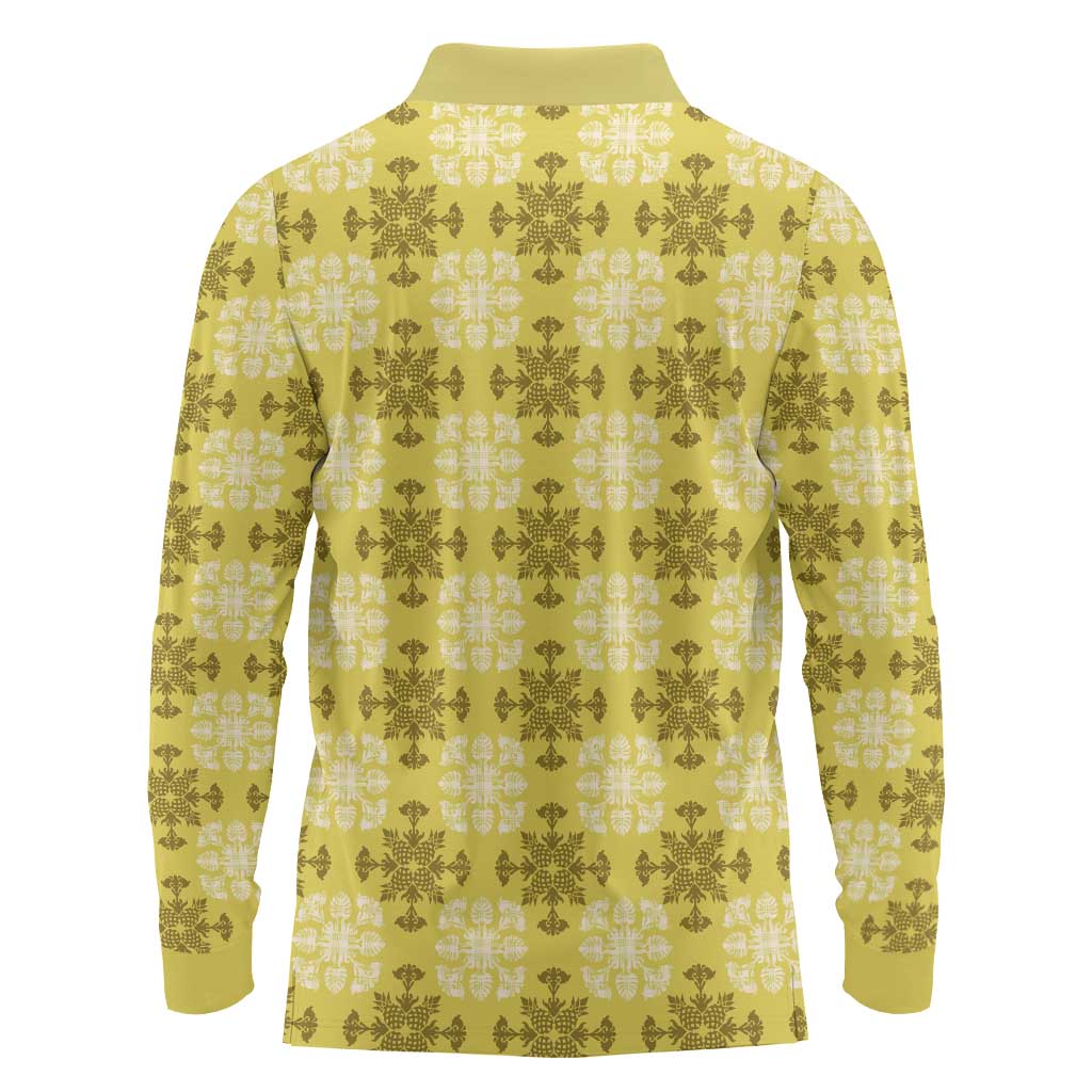 Yellow Hawaiian Quilt Long Sleeve Polo Shirt Hawaii Pineapple Monstera Palaka Motifs LT14 - Polynesian Pride