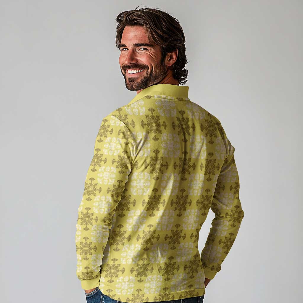 Yellow Hawaiian Quilt Long Sleeve Polo Shirt Hawaii Pineapple Monstera Palaka Motifs LT14 - Polynesian Pride