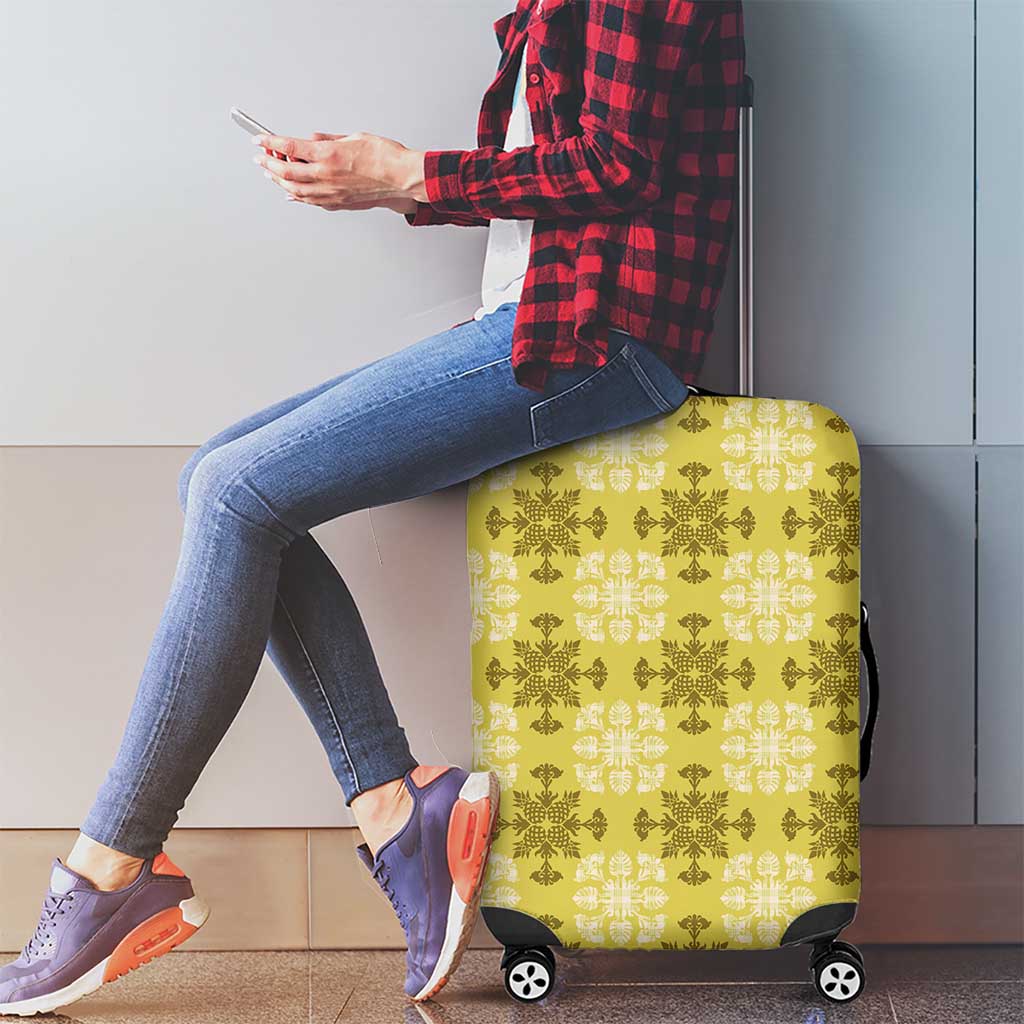 Yellow Hawaiian Quilt Luggage Cover Hawaii Pineapple Monstera Palaka Motifs - Polynesian Pride