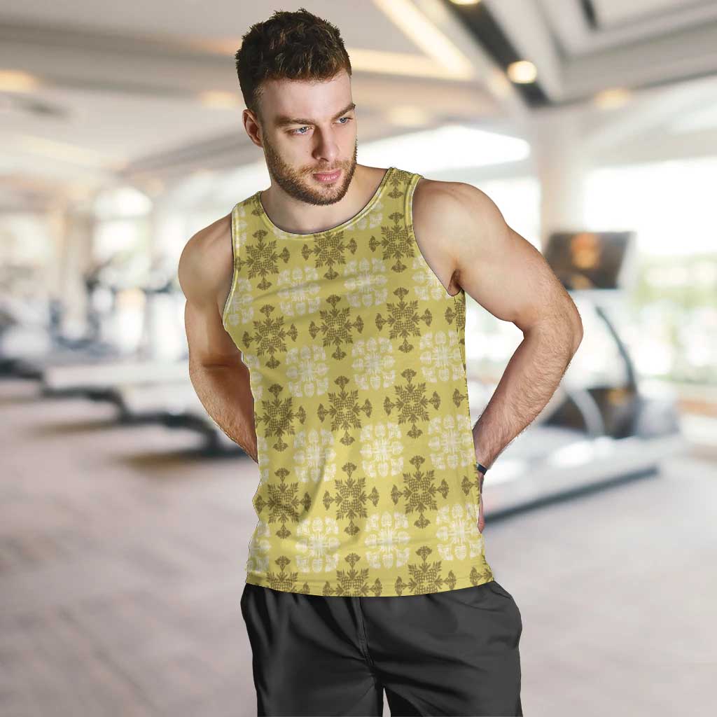Yellow Hawaiian Quilt Men Tank Top Hawaii Pineapple Monstera Palaka Motifs - Polynesian Pride