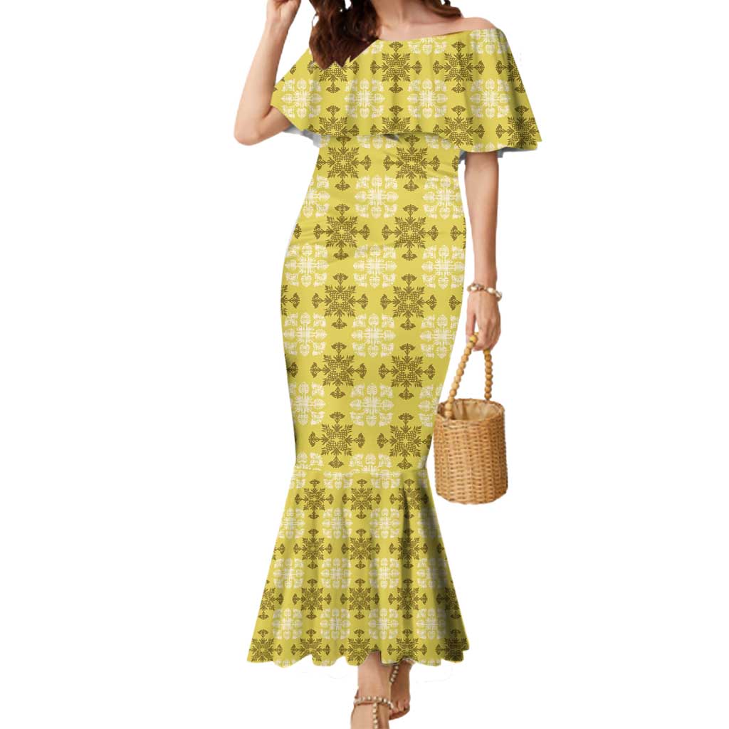 Yellow Hawaiian Quilt Mermaid Dress Hawaii Pineapple Monstera Palaka Motifs - Polynesian Pride