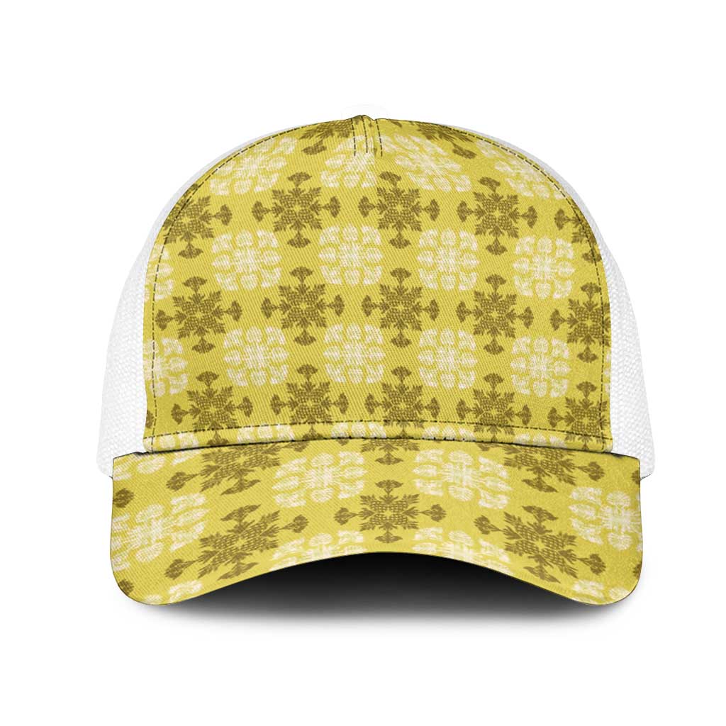Yellow Hawaiian Quilt Mesh Trucker Cap Hawaii Pineapple Monstera Palaka Motifs - Polynesian Pride